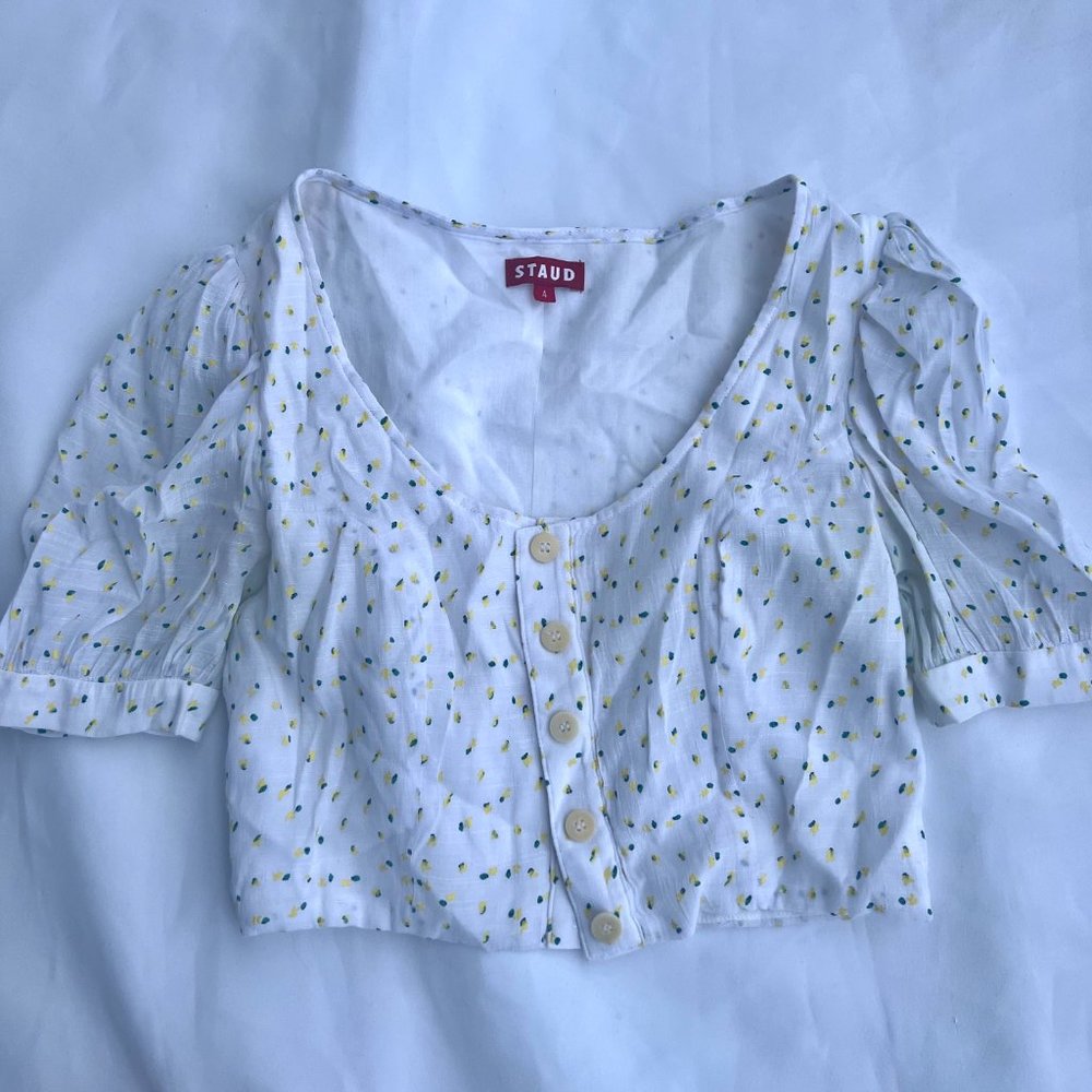 Staud Womens Floral Round Neck Short Puff Sleeved Buttoned Crop Top White Size 4
